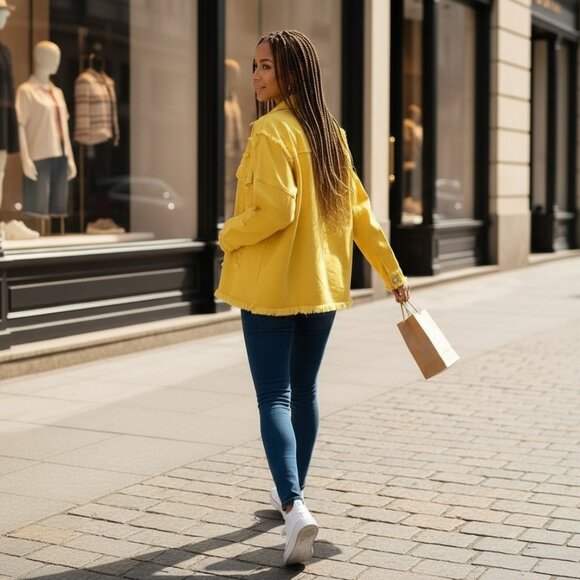 Urban Chic‎ Yellow Distressed Oversized Cotton Blend Denim Jacket Streetwear Lg - Picture 8 of 10